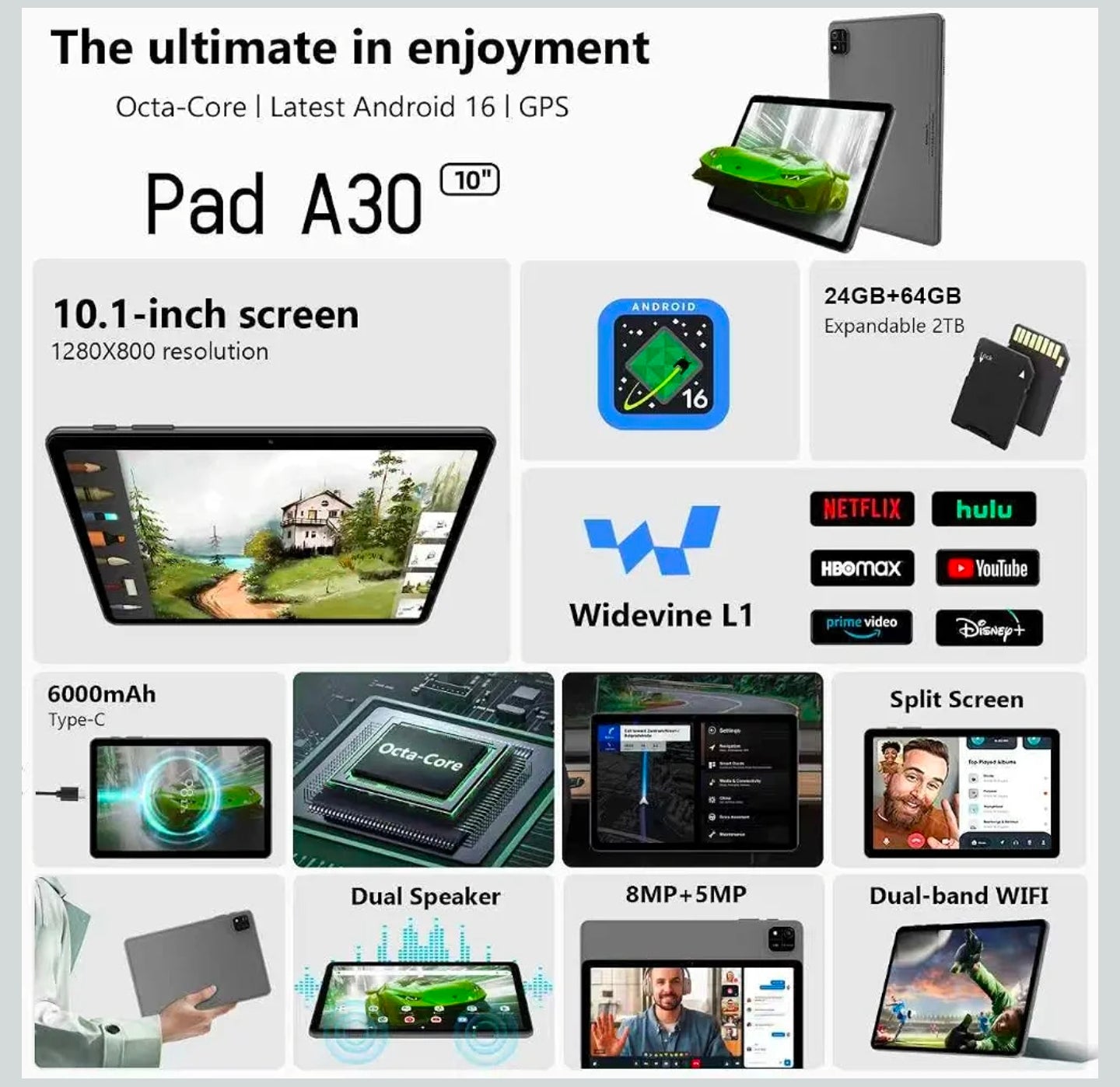 Tablet de 10" Android 16, 24 GB de RAM 64 GB ROM